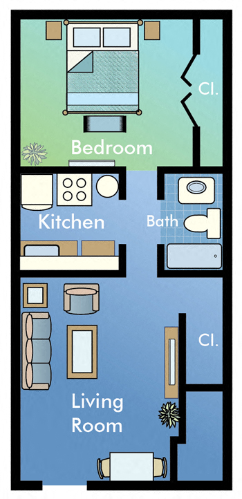 Floor plan for 1 bed, 1 bath, 560 sqft